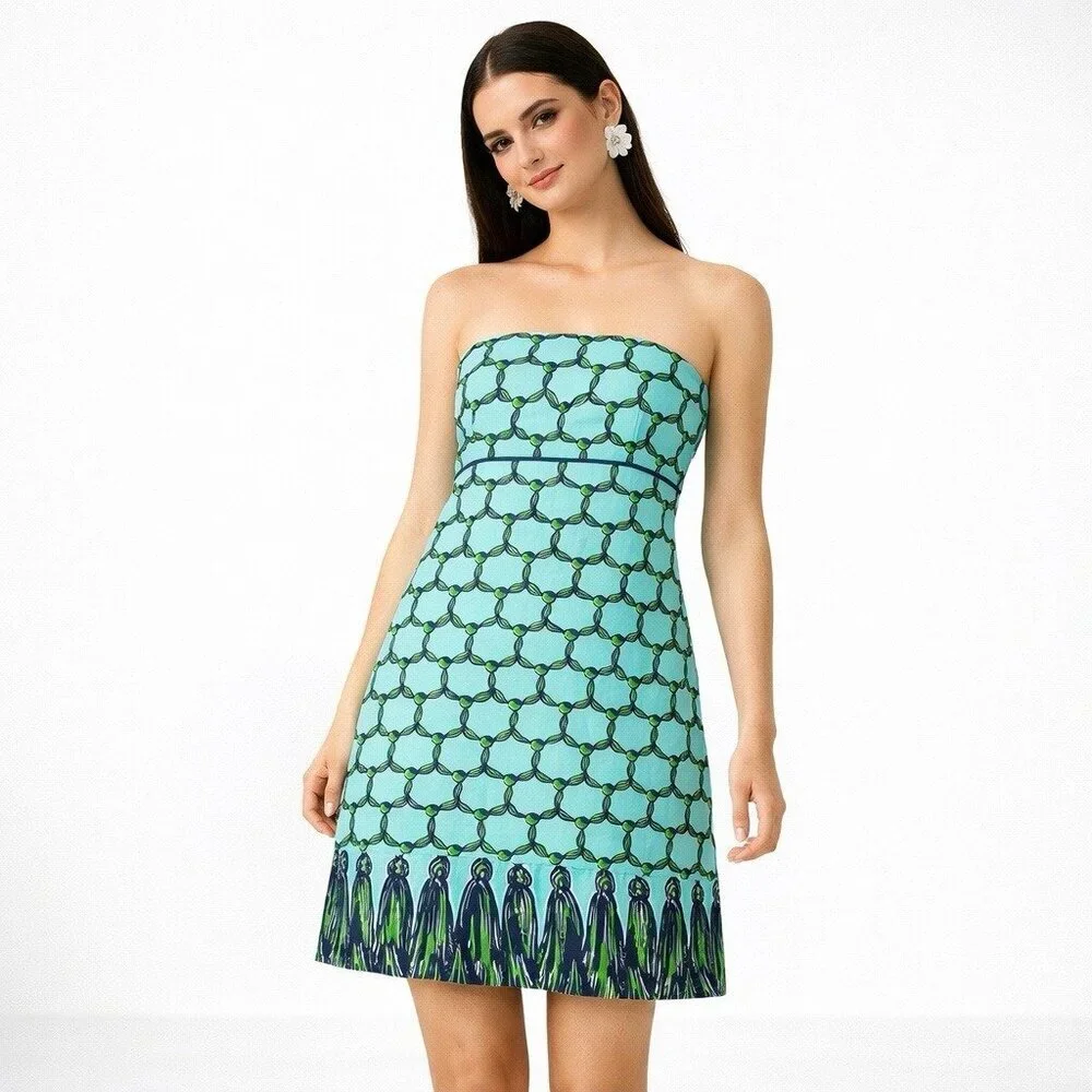 SOLD tassel print blue 6 a line preppy tropical island - Picture 2 of 10